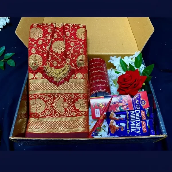 অরিজিনাল লাল কাতান শাড়ির গিফট কম্বো প্যাকেজ – TS-90 | Tangail Sharee