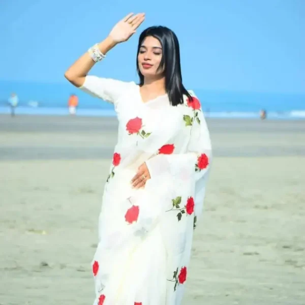 Front view of Priotoma printed half silk saree with matching blouse