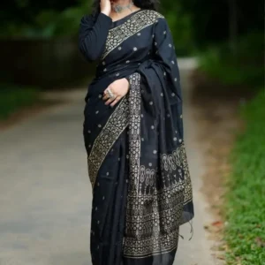 Black জাপানি সিল্ক আফসান প্রিন্ট[ব্লাউজ পিস সহ]